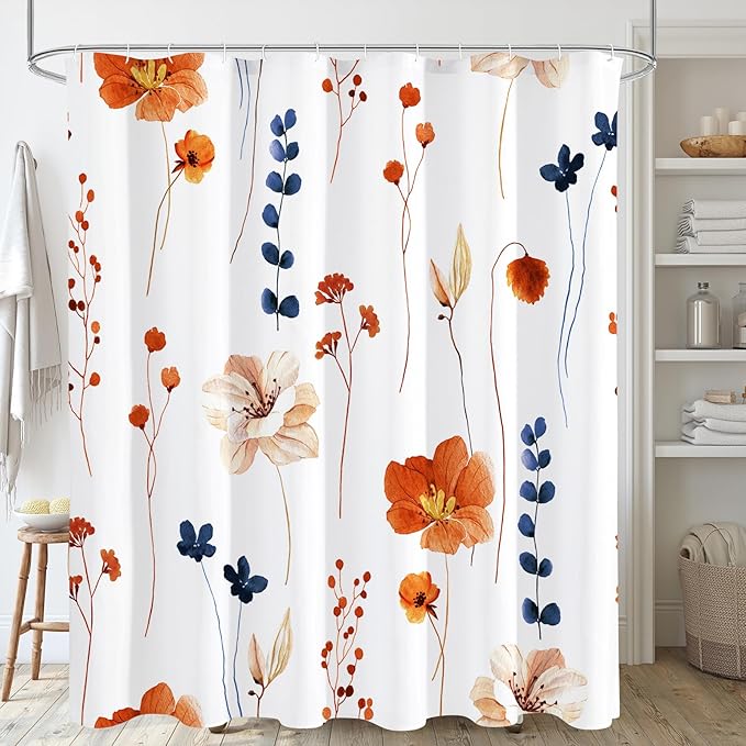 Gibelle Watercolor Floral Shower Curtain, Retro Orange Navy Flower Shower Curtain for Bathroom, Modern Minimalist Aesthetic Waterproof Fabric Shower Curtain Set 72x72 Inch