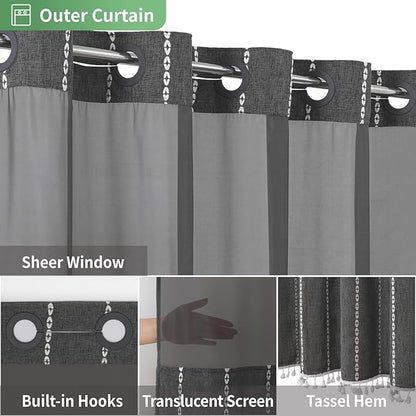 No Hook Extra Long Shower Curtain Set with Snap-in Liner,Linen Textured Thick Striped Fabric with Tassels,Boho Chic Modern Farmhouse Bathroom Curtain,Water-Repellent,Charcoal Grey,71x86