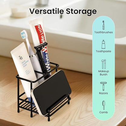 Mustry Toothbrush Holders for Bathrooms, Black Toothbrush Organizer with Front Ledge for Phone Holder, Stainless Steel Toothbrush and Toothpaste Holder Stand for Bathroom Countertop Accessories Storag