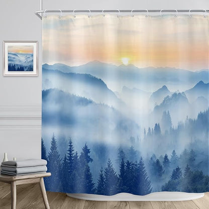 Riyidecor Misty Mountain Shower Curtain 72Wx72H Inch Blue Sunrise Scenery Foggy Woodland Greenery Smokey Tree Nature Pine Scenic Rustic Bathroom Decor Fabric Polyester Waterproof 12 Pack Hooks