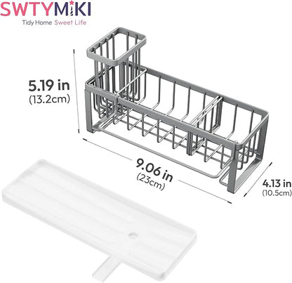 SWTYMIKI Sponge Holder for Kitchen Sink - Sink Caddy with Brush Holder Self-draining Sponge Caddy Organizer with Divider Stainless Steel Kitchen Accessories Storage for Countertop, Gray