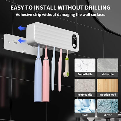 Toothbrush Sanitizer and Holder, UV Toothbrush Sanitizer Holder for Bathroom with 5 Slot, Timer Function, 2000mAh Rechargeable Toothbrush Cleaner Holder Wall Mounted Without Drilling