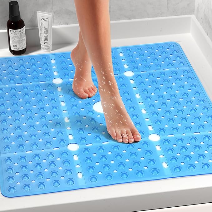 Large Square Shower Mat Non Slip 27x27 Inch, Square Bath Mat Tub Mat for Inside Shower Bathroom Floor, Shower Stall Mats With Big Suction Cup Drain Holes, Easy Washable, BPA-Free, Clear Blue