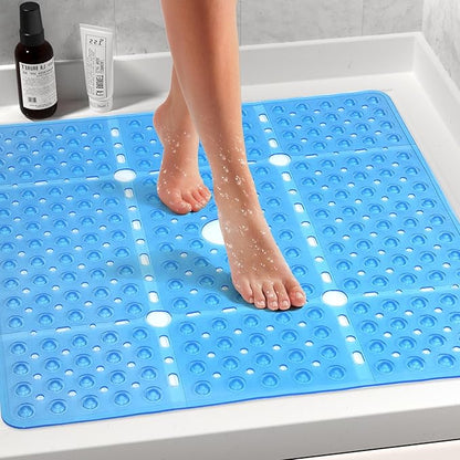 Large Square Shower Mat Non Slip 27x27 Inch, Square Bath Mat Tub Mat for Inside Shower Bathroom Floor, Shower Stall Mats With Big Suction Cup Drain Holes, Easy Washable, BPA-Free, Clear Blue