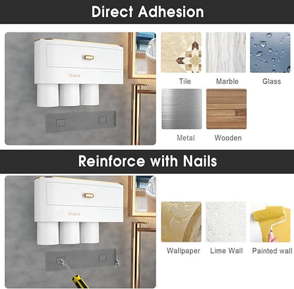iHave Toothbrush Holders for Bathrooms - Upgrade Wall Mounted Toothbrush Holder with Toothpaste Dispenser - 3 Cups