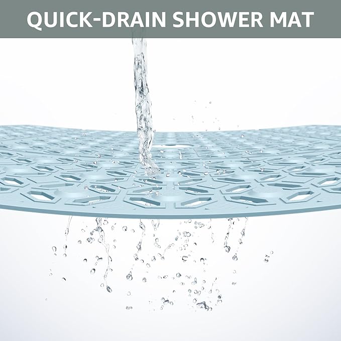 OTHWAY Square Shower Mat, 27"x 27" Extra Large Shower Mats for Inside Shower, TPE Anti Slip Shower mat with Suction Cups Drain Holes, Machine Washable Shower Floor Mat (Light Blue)