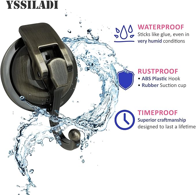 Heavy Duty Vacuum Suction Shower Hooks - Glass Suction Cup Bathroom Robe Hooks, Reusable, No Hole Punched - Bronze, 4 Pack