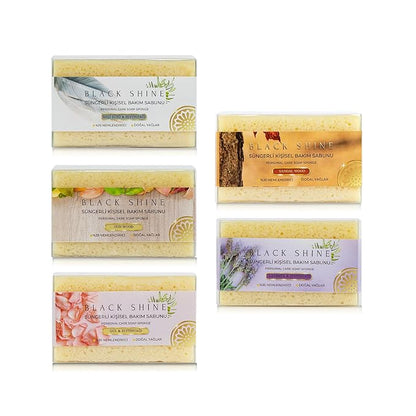 Black Shine Turkish Hammam Sponge-Infused Natural Soap Bar – Handmade and Cold Press Exfoliating Sponge + Soap (Sandalwood, Rose, Goat Milk, Lavender) – 20+ Uses, Gift‑Ready (Lavender)