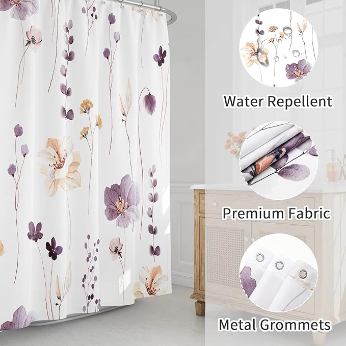 Gibelle Watercolor Floral Shower Curtain, Plum Beige Flower Shower Curtain for Bathroom, Modern Minimalist White Waterproof Fabric Shower Curtain Set 72x72 Inch