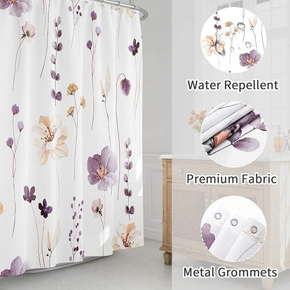 Gibelle Watercolor Floral Shower Curtain, Plum Beige Flower Shower Curtain for Bathroom, Modern Minimalist White Waterproof Fabric Shower Curtain Set 72x72 Inch