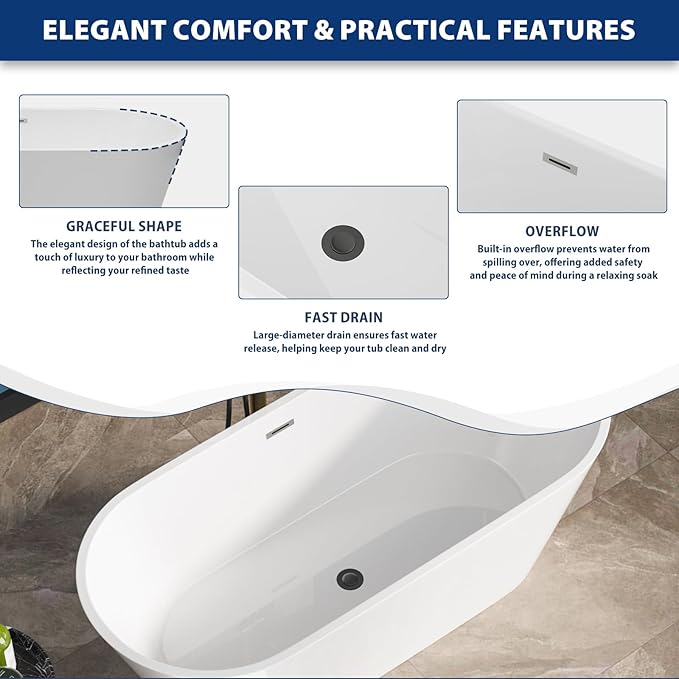 Sarlai 67 Inch Acrylic Freestanding Soaking Bathtub Contemporary Soaking White Tub Stand Alone Ergonomic Bathtub with Black Drain