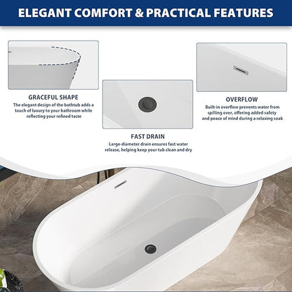 Sarlai 67 Inch Acrylic Freestanding Soaking Bathtub Contemporary Soaking White Tub Stand Alone Ergonomic Bathtub with Black Drain