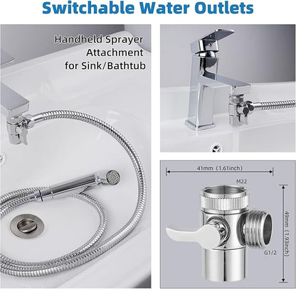 Hibbent Sink Faucet Hose Sprayer Attachment with 10 Adapters - Dual Function Handheld Bidet, Rinser & Shower Head - for Feminine Hygiene, Baby Diaper Cleaning & Pet Bathing