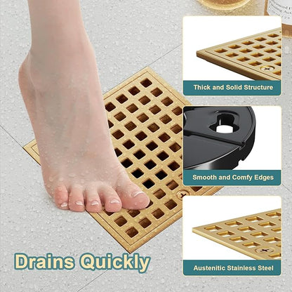 Champagne Bronze Shower Drain 4-1/4 Inch - Square Shower Floor Drain Kit with ABS Flange for 2" or 3" Pipe, Drain with Hair Strainer,Removable Strainer Cover,SUS304 Stainless Steel & CUPC Certified