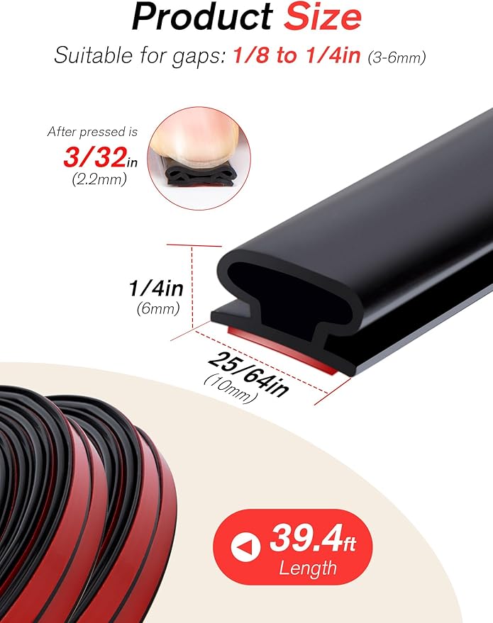Weather Stripping Silicone Door Seal Strip for Doors and Windows, 39ft Self-Adhesive Waterproof Window Sealing Strip by SUNMON(Black)