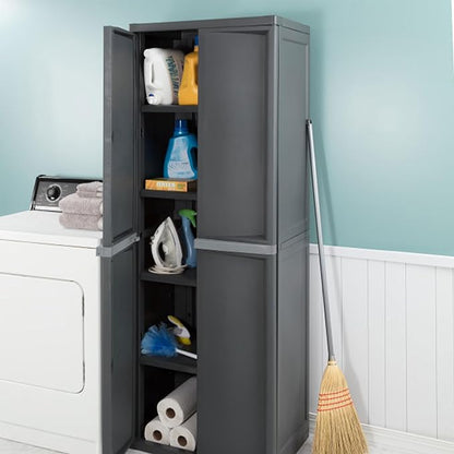 Sterilite 2-Pack 4 Shelf Cabinet, Lockable Utility Storage w/ Adjustable Shelves, Gray - Plastic Shelving Unit for Organizing Garage, Pantry, Basement, Laundry Room or Mudroom