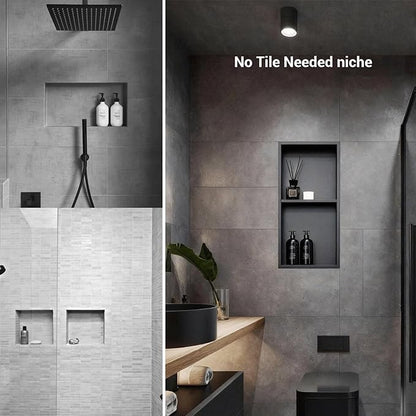 Shower Niche 12x24, Matte Black, No Tile Needed 304 Stainless Steel Recessed Wall Niche Insert with Double Shelves, Built-in Sloped Base Drainage, in-Wall Shower Storage for Bathroom Remodel
