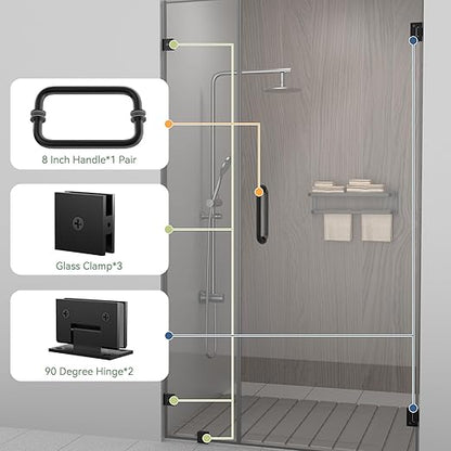 Shower Door Hardware Kit 304 Stainless Steel for 6/25"-1/2" (6mm-12mm) Tempered Glass, Hardware Accessories with 8" Handles Hinges Glass Clamp - Matte Black