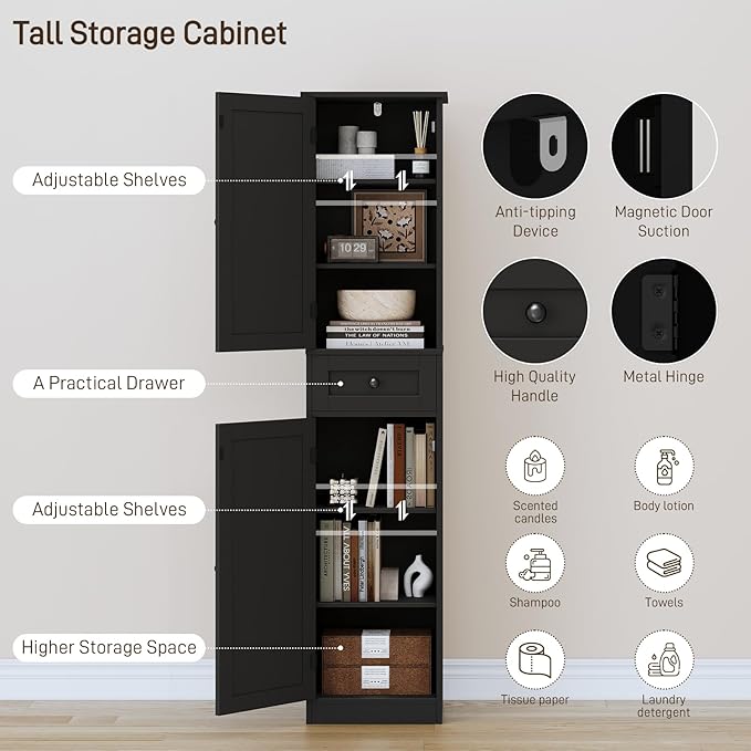 67" H Tall Bathroom Cabinet, Narrow Storage Cabinet with 2 Barn Doors and 1 Drawer, Freestanding Floor Cabinets with 6 Shelves for Bathroom, Living Room, Kitchen, Black
