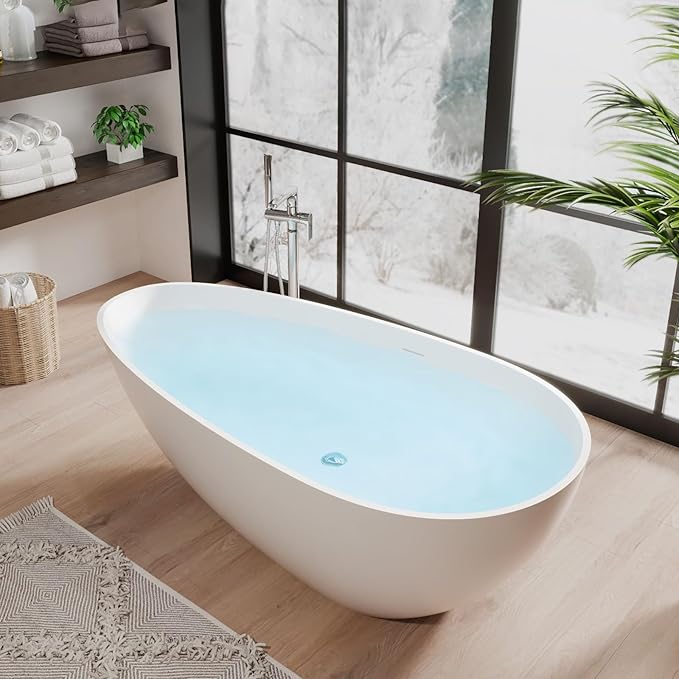 67 in Solid Surface Freestanding Bathtub, Contemporary Oval Shape Soaking Tub, Egg Shell Stone Resin Stand Alone Bathtub With Pop-Up Drain and Overflow, Cupc Certified,Matte White
