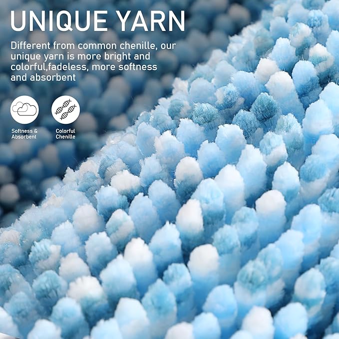 Yimobra Luxury Bathroom Rugs, 47x24, Extra Soft Chenille Mats for Bathroom Non Slip, Fluffy Long Matts for Tub, Plush Shaggy Carpet Runner, Water Absorbent, Machine Washable, Blue & Light Blue