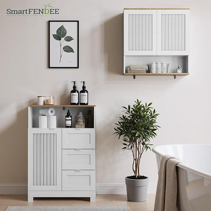 Bathroom Storage Cabinet with 3 Drawers, Floor Cabinet with Louvered Door, Freestanding Storage Unit for Bathroom, Kitchen, Living Room, White