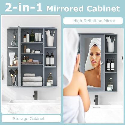 COSTWAY Wall Mounted Bathroom Cabinet - Storage Organizer with Mirror Door, Adjustable Shelves & 6 Open Racks, Space-Saving Hanging Medicine Cabinet for Living Room Kitchen Entryway (Gray)