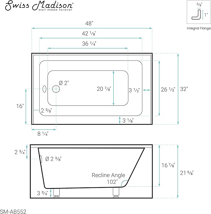 Swiss Madison Well Made Forever Voltaire 48"x32" Acrylic White, Alcove, Left Hand Drain, Apron Bathtub