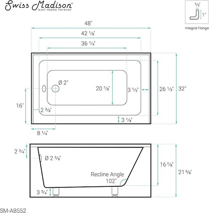 Swiss Madison Well Made Forever Voltaire 48"x32" Acrylic White, Alcove, Left Hand Drain, Apron Bathtub