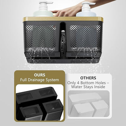 Shower Caddy Dorm Men: Plastic Bathroom Caddy Organizer with Handle and Holes, Bath Caddy for College Dorm, Portable Shower Basket Tote for Toiletry, Travel, GYM, Camp Essentials Black/Gold