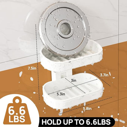 LEVERLOC Soap Dish Holder for Shower Double Layer Suction Cup Wall Mounted NO-Drilling Self Draining Removable Waterproof Strong Suction Bar Soap Sponge Holder for Shower Bathroom Bathtub Kitchen