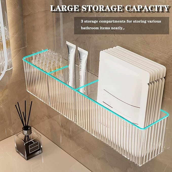 2 Pack Bathroom Makeup Organizer Wall Mount Clear Bathroom Organizers and Storage with 3 Compartments Plastic Storage Organizer Bins Floating Shelves for Wall, Narrow Space, Office, Bedroom 14''Length