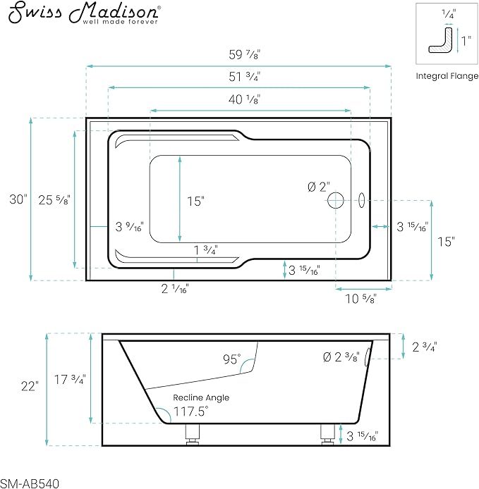 Swiss Madison Well Made Forever SM-AB540 Voltaire Alcove Tub with Armrest 60" x 30" in Glossy White