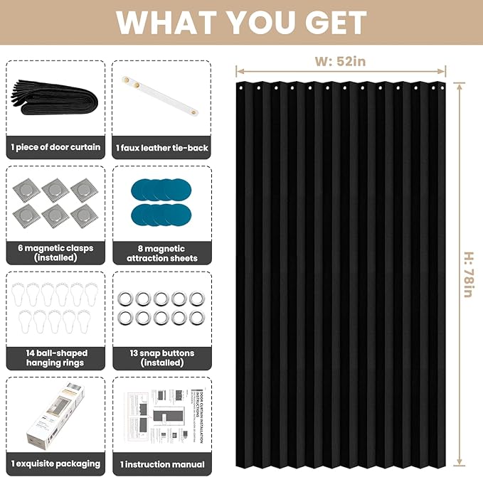 Accordian Door Curtain, 100% Blackout Folding Magnetic Doorway Curtains,Linen Style Closet Doors,for Room Divider,Privacy Protection（W52 x L78,Black,1 Panel）