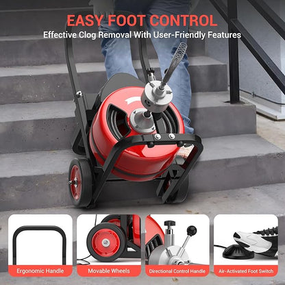 100Ft 3/4 Inch Cable Drain Cleaning Machine, 450W Auto Feed Portable Electric Sewer Snake, Electric Drain Auger with 4 Cutter Air-Activated Foot Switch for 2" to 4" Pipes