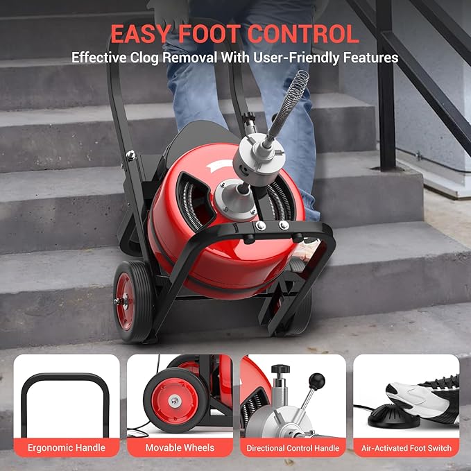 Electric Drain Cleaning Machine 100Ft 3/4 Inch, 750W Auto Feed Portable Sewer Snake, Drain Auger with 6 Cutter and Air-Activated Foot Switch for 4"–8" Pipes