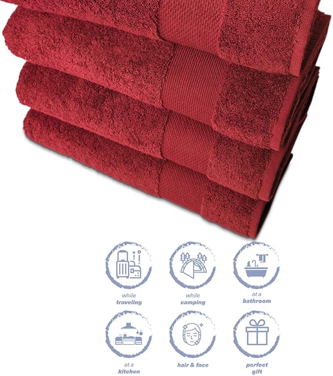 Hencely Premium Bath Towel Set of 4-28x58 Inches - High Absorbency, Quick Drying - 100% Soft Turkish Cotton Towels - Ideal for Home, Bathroom, Hotel, Spa, and Gym - Red