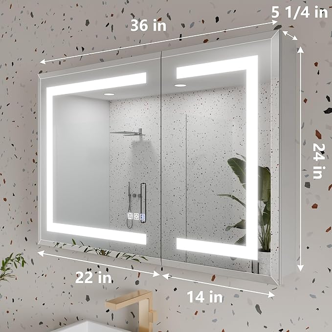 GroGro LED Lighted Bathroom Medicine Cabinet with Mirror, 36" W x 24" H Beveled Edge Medicine Cabinet with Lights,Surface or Recessed Mounting,Defog,Dimming,3-Color Temperature Adjustment