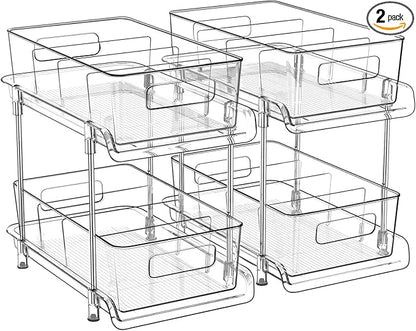 HIHEGD 2-Tier Bathroom Organizer with Dividers, Clear Under Sink and Pull-Out Cabinet Organizer for Kitchen and Pantry Storage