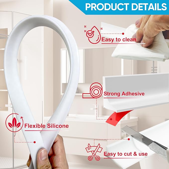 98" Shower Threshold Water Dam Silicone Shower Water Guard Collapsible Shower Door Bottom Seal Shower Splash Guard for Wet and Dry Separation