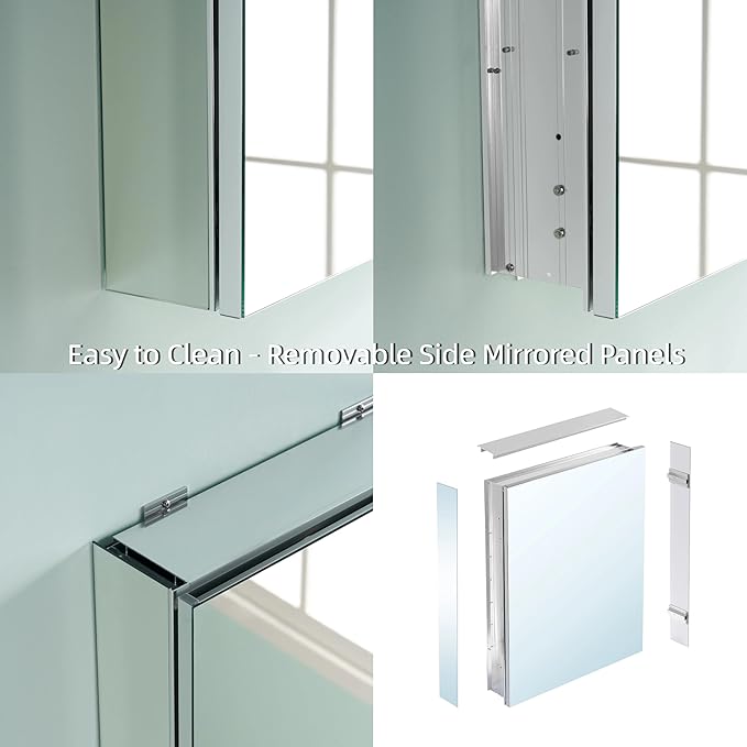 WELLFOR 24" x 36" Bathroom Medicine Cabinet, Anodized Chrome Aluminum Frame, Medicine Cabinet with Adjustable Glass Shelves, Bathroom Cabinet with Reverse Door Installation, Surface or Recess Mount