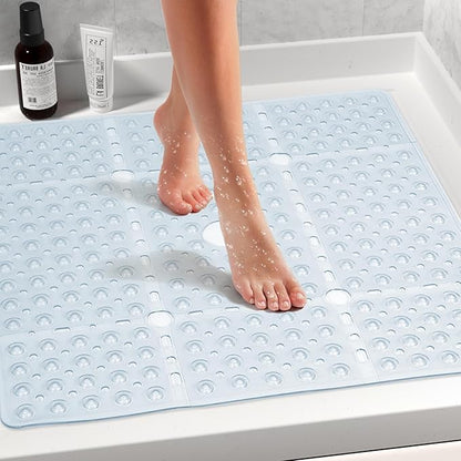 Large Clear Square Shower Mat Non Slip 27 x 27 Inch, Soft Bath Mat Bathtub Mat for Inside Shower Bathroom Floor, Shower Stall Mats with Big Suction Cups Drain Holes, Easy Washable, BPA-Free