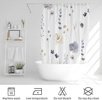 Gibelle Watercolor Floral Shower Curtain, Grey Beige Flower Shower Curtain for Bathroom, Modern Minimalist White Waterproof Fabric 72x72 Inch