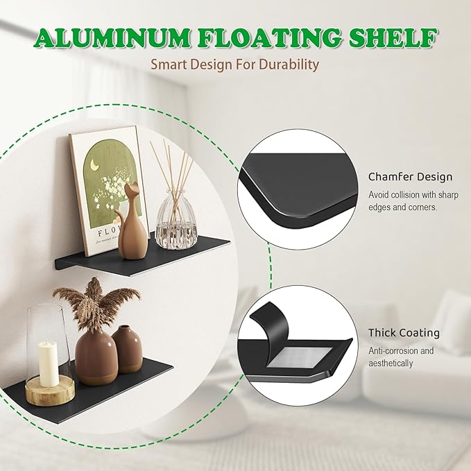 8" Floating Shelves for Wall, Metal Wall Shelves,Mini Display Shelf for Collectibles, Black Floating Shelves, Long Book Shelf for Bathroom Bedroom Room, Small Hanging Shelves