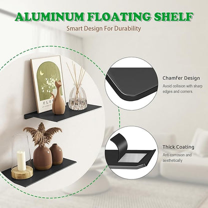 8" Floating Shelves for Wall, Metal Wall Shelves,Mini Display Shelf for Collectibles, Black Floating Shelves, Long Book Shelf for Bathroom Bedroom Room, Small Hanging Shelves