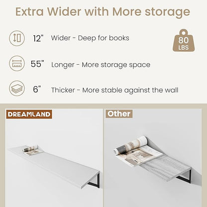 Dreamland Floating Shelves for Wall, 12 Inch Deep Floating Shelves Set of 2, 55W x 12D Large Wall Shelf with Sturdy Metal Brackets for Living Room, Bathroom, Bedroom and Kitchen, White