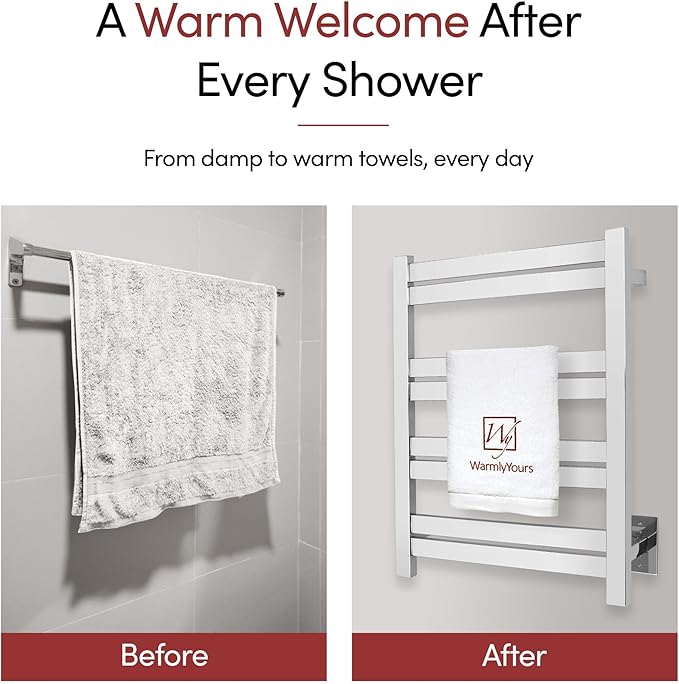 WarmlyYours Heated Towel Warmer Rack, 8-Bar, Hardwired, Integrated On/Off Switch with Light, 304-Stainless Steel (Maple)