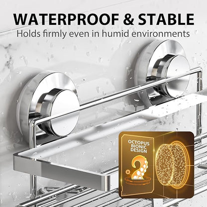 LEVERLOC Shower Caddy Suction Cup 2 Pack, Shower Shelf for Inside, Large Capacity Bathroom Organizers and Storage, Rustproof & Waterproof Metal Bath Basket, No-Drilling, Heavy Duty, Silver