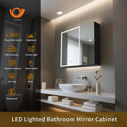 Lighted Medicine Cabinet with Mirror, 28 x 30 inch LED Bathroom Cabinet with Anti-Fog, Dimmable 3 Colors Front & Bottom Light, Buit-in Sockets & USBs, 2 Shelves, Plug-in or Hardwired