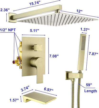 SHAMANDA Shower System with Waterfall Tub Spout and Handheld Shower Head, 12" Rain Shower Faucet Sets Complete with Shower Round-in Valve and Trim Wall Mount, Brushed Gold, L101-3